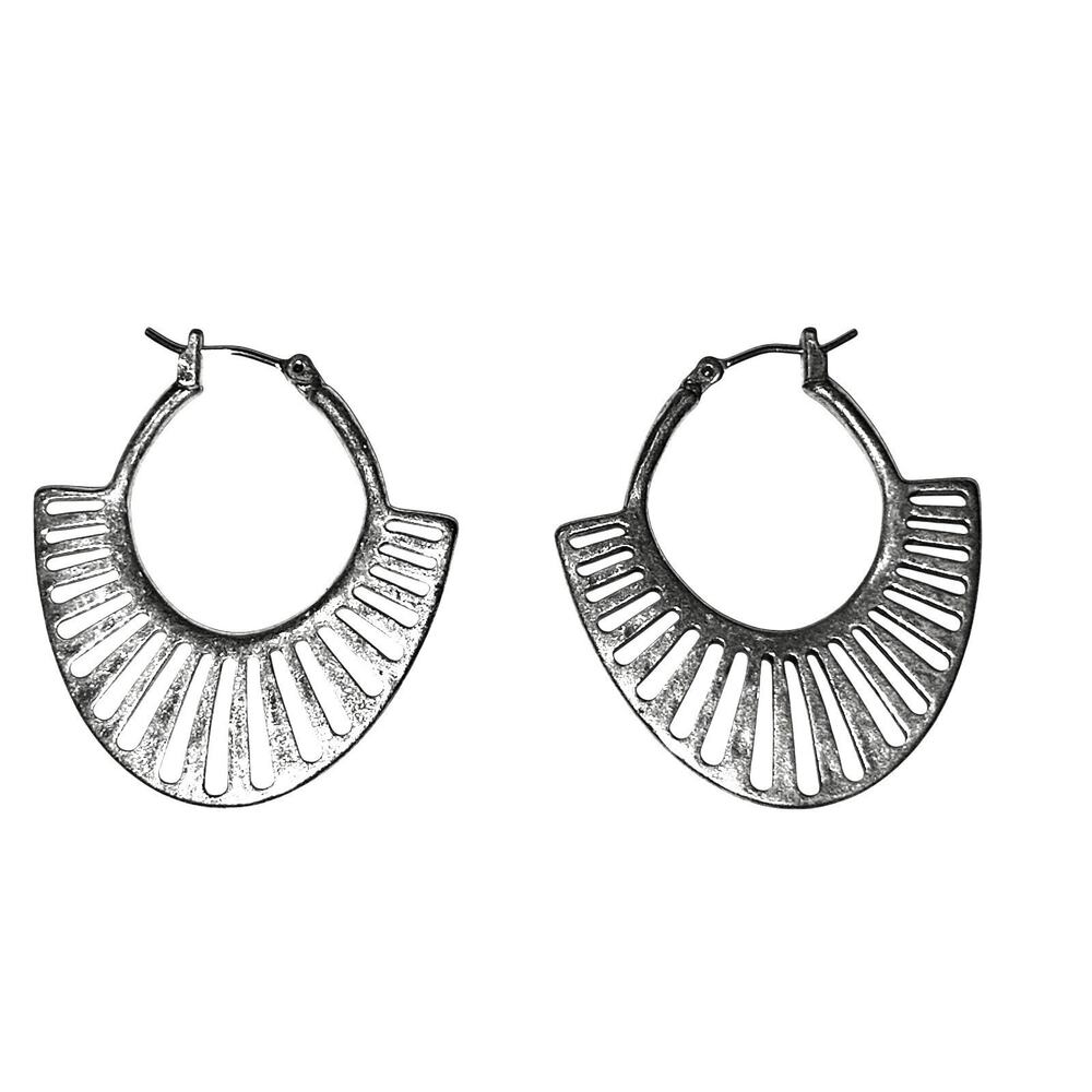 Lucky Brand Silver Sunburst Fan Hoop Earrings Geometric Cutout Openwork Boho